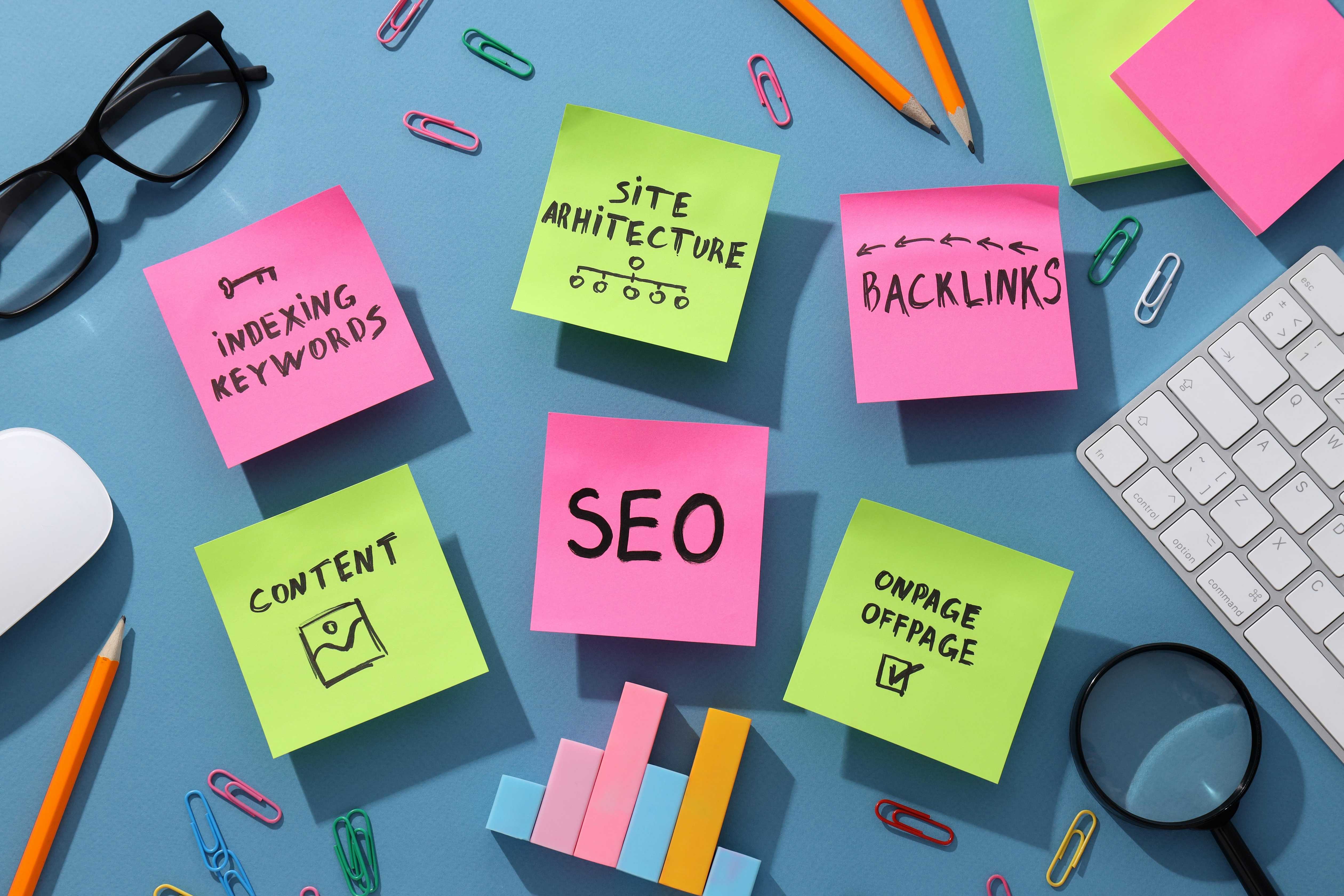 notepad and keyboard with SEO tools
